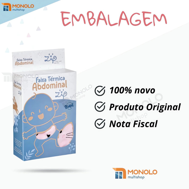 Embalagem da Faixa Termica Abdominal para Bebes da Meu Cheirinho Bom caixa azul com desenho de bebe feliz