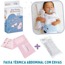 Faixa Termica Abdominal para Bebes com ervas, embalagem, bolsa térmica e bebê dormindo com faixa