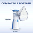 Inalador e Nebulizador compacto e portátil com design ergonômico e dimensões de 12,5 cm de altura e 6,1 cm de largura