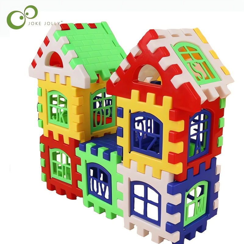 Casinha feliz colorida feita com blocos de construção infantil para brincar e estimular criatividade