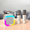 Caixa de som colorida com dois microfones para Karaokê Infantil em festas e diversão
