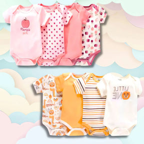 Kit 10 Peças para Bebê com bodies coloridos e estampados em rosa, laranja e branco