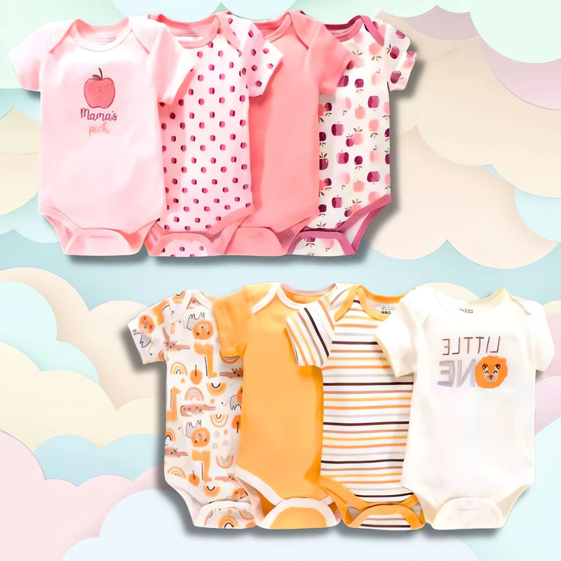 Kit 10 Peças para Bebê com bodies coloridos e estampados em rosa, laranja e branco