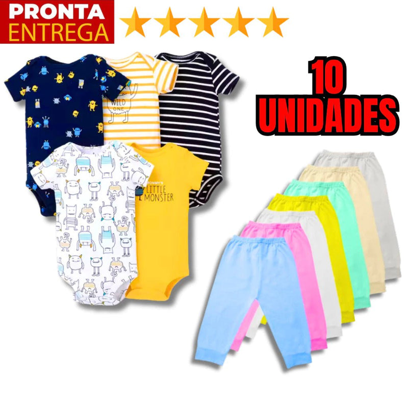 Kit 10 Peças para Bebê – Body Curto Estampado + Mijão: Conforto e Estilo em Dobro.