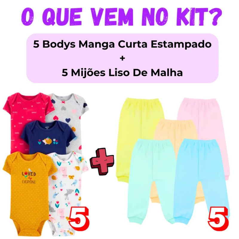 Kit 10 Peças para Bebê – Body Curto Estampado + Mijão: Conforto e Estilo em Dobro.