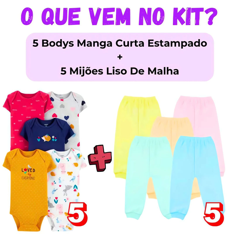 Kit 10 Peças para Bebê com 5 bodys manga curta estampados e 5 mijões lisos de malha coloridos