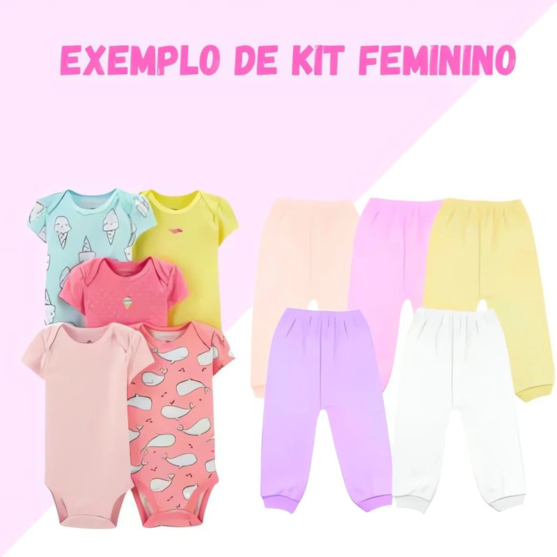 Kit 10 Peças para Bebê feminino com bodies coloridos e calças confortáveis para recém-nascidos