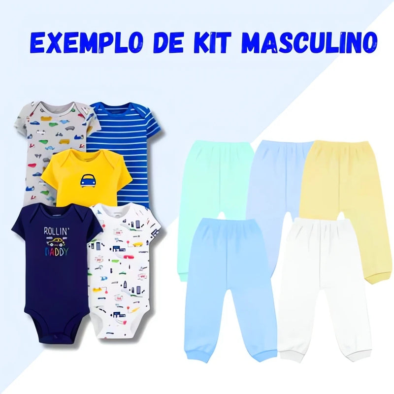 Kit 10 Peças para Bebê masculino com bodies estampados e calças coloridas