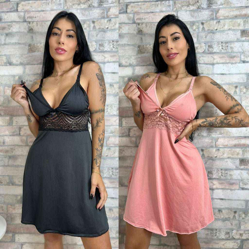 Kit 2 Camisolas de Amamentação em cores preto e rosa com rendas e alças ajustáveis