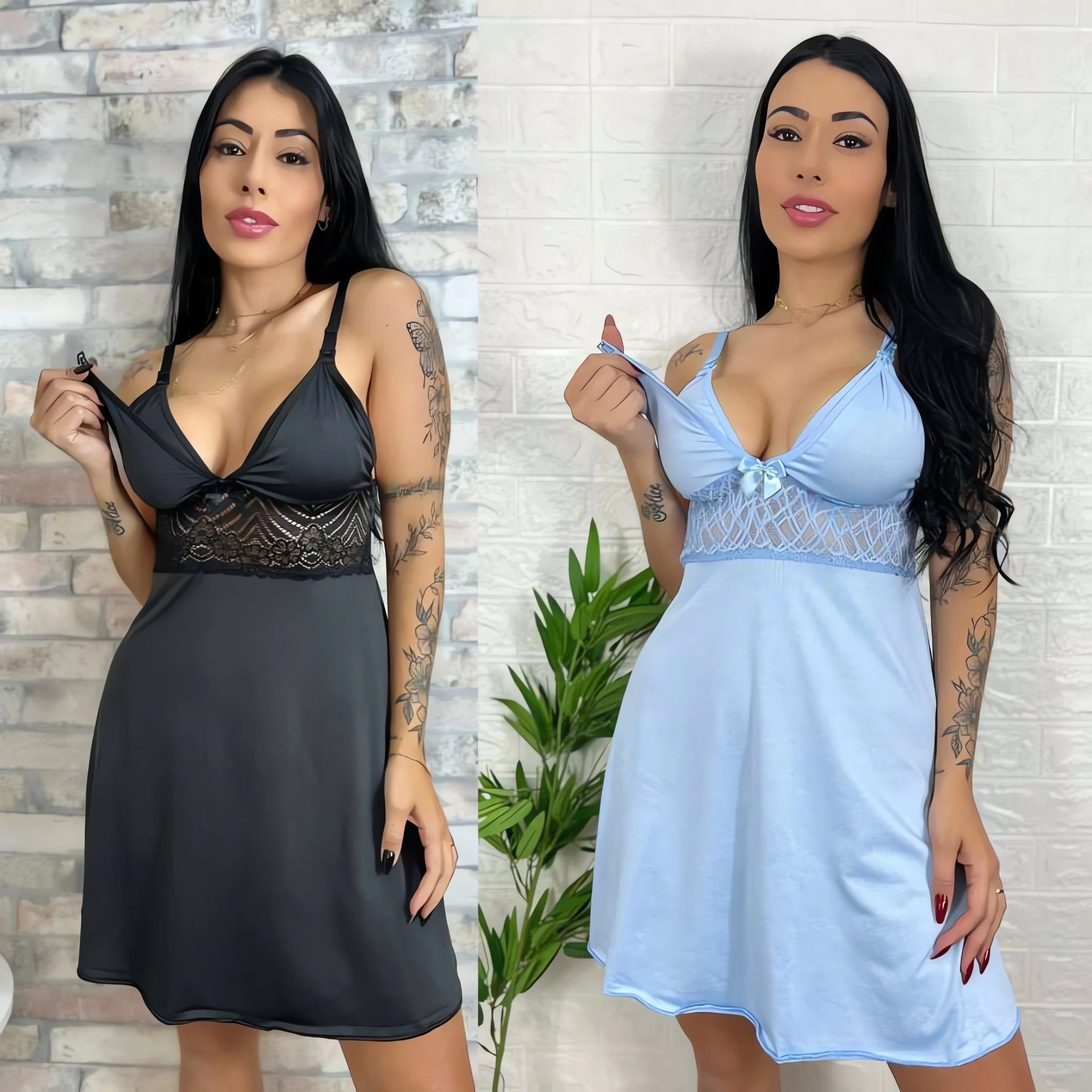 Kit 2 Camisolas de Amamentação em preto e azul com detalhes em renda e alças ajustáveis