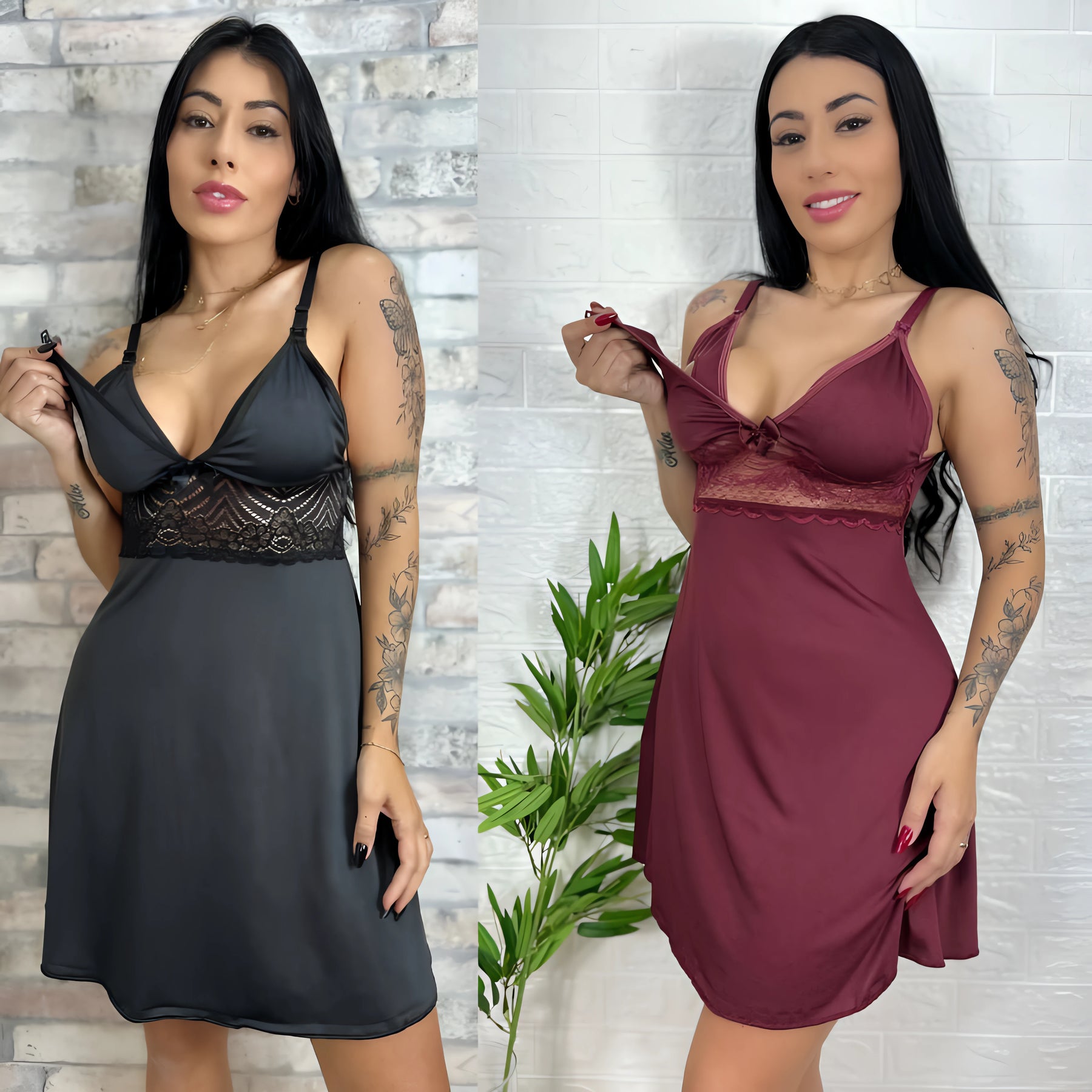 Kit 2 Camisolas de Amamentação em preto e vinho com detalhes em renda e alças ajustáveis meu cheirinho bom