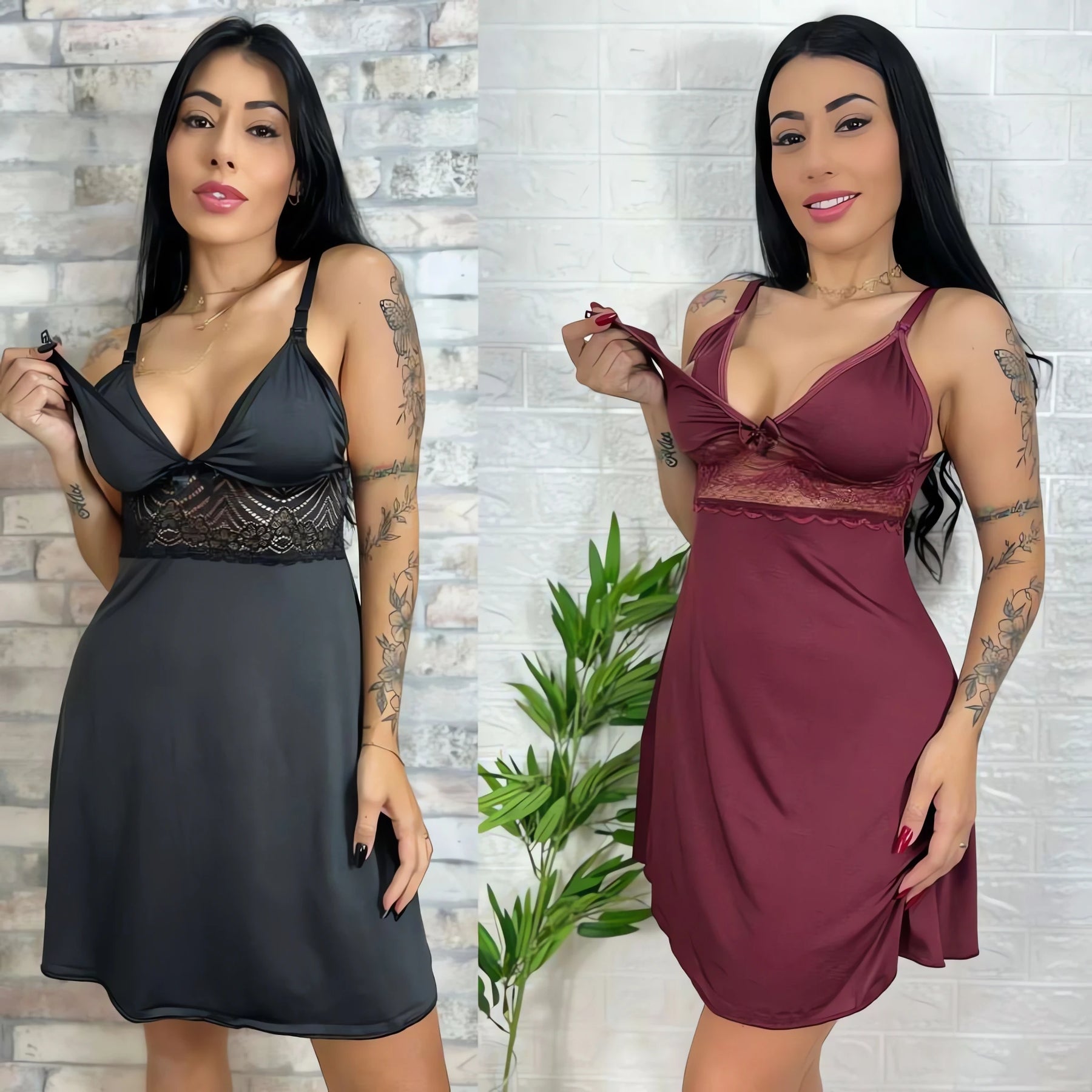 Kit 2 Camisolas de Amamentação em preto e vinho com detalhes em renda e alças ajustáveis