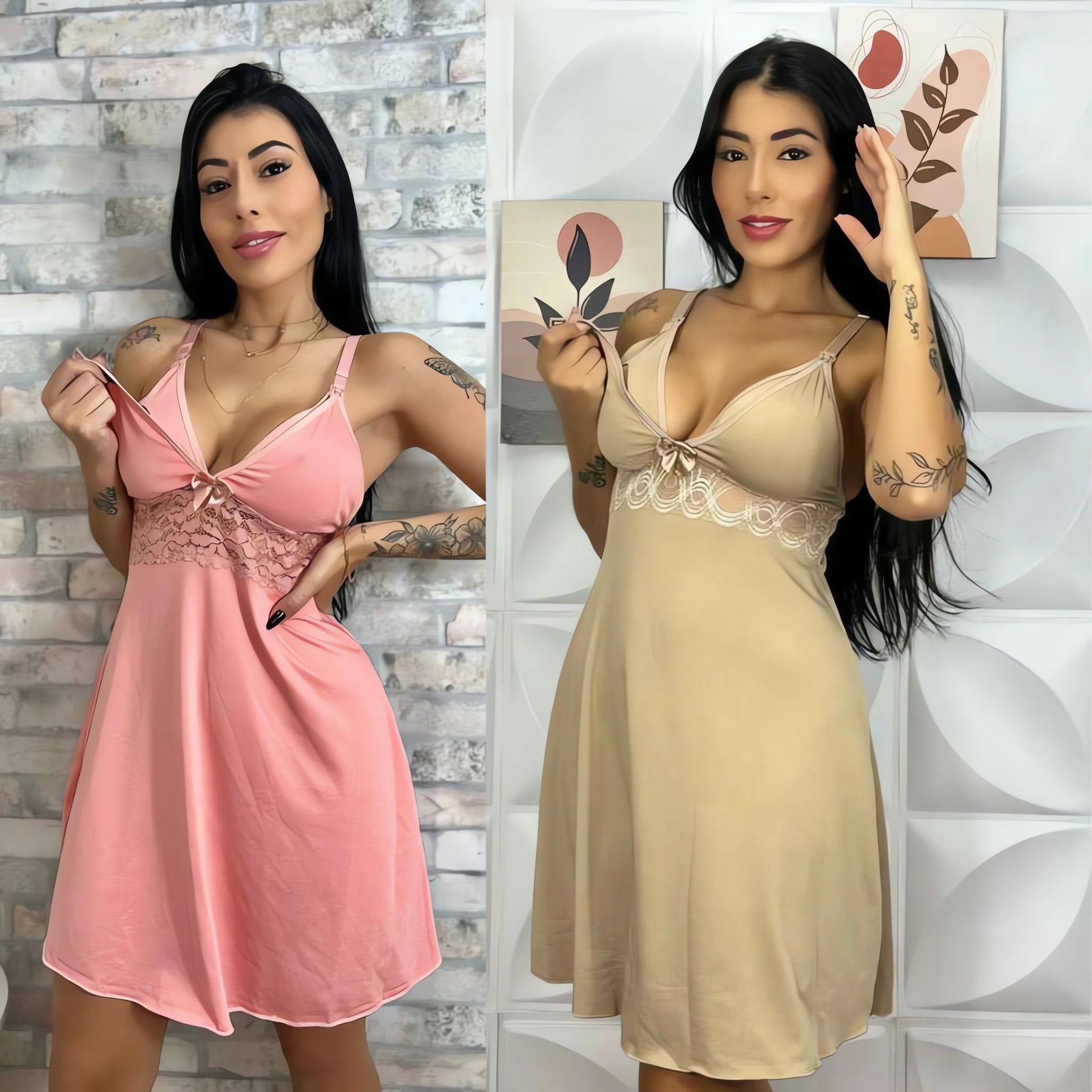 Kit 2 Camisolas de Amamentação em rosa e bege com detalhes em renda, confortáveis e práticas