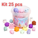 Kit 25 Squishy Bichinhos Macios Antiestresse em embalagem com diversas cores e formatos divertidos