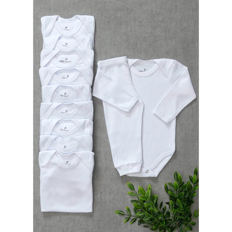 Conjunto de 10 peças kit body manga longa bebê em algodão branca para conforto do seu recém-nascido