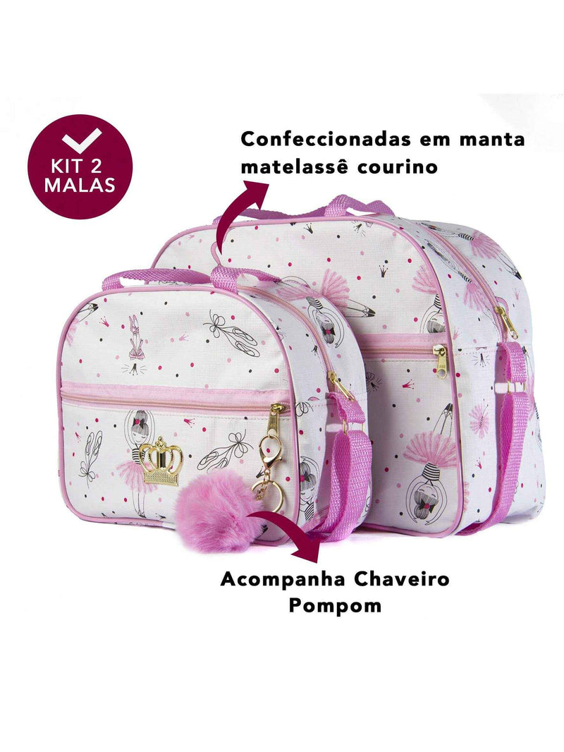 Kit Bolsa e Mala Maternidade PomPom em manta matelassé com chaveiro pompom