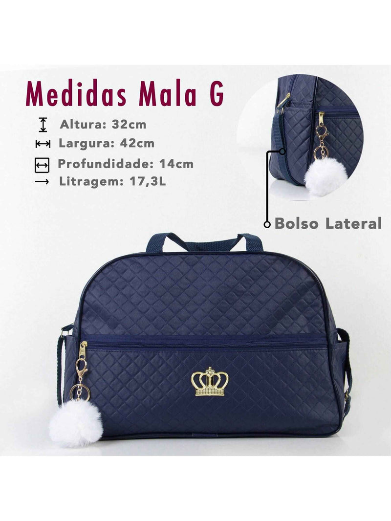 Kit Bolsa Saída Maternidade em azul, com detalhe em pompom e bolso lateral para organização