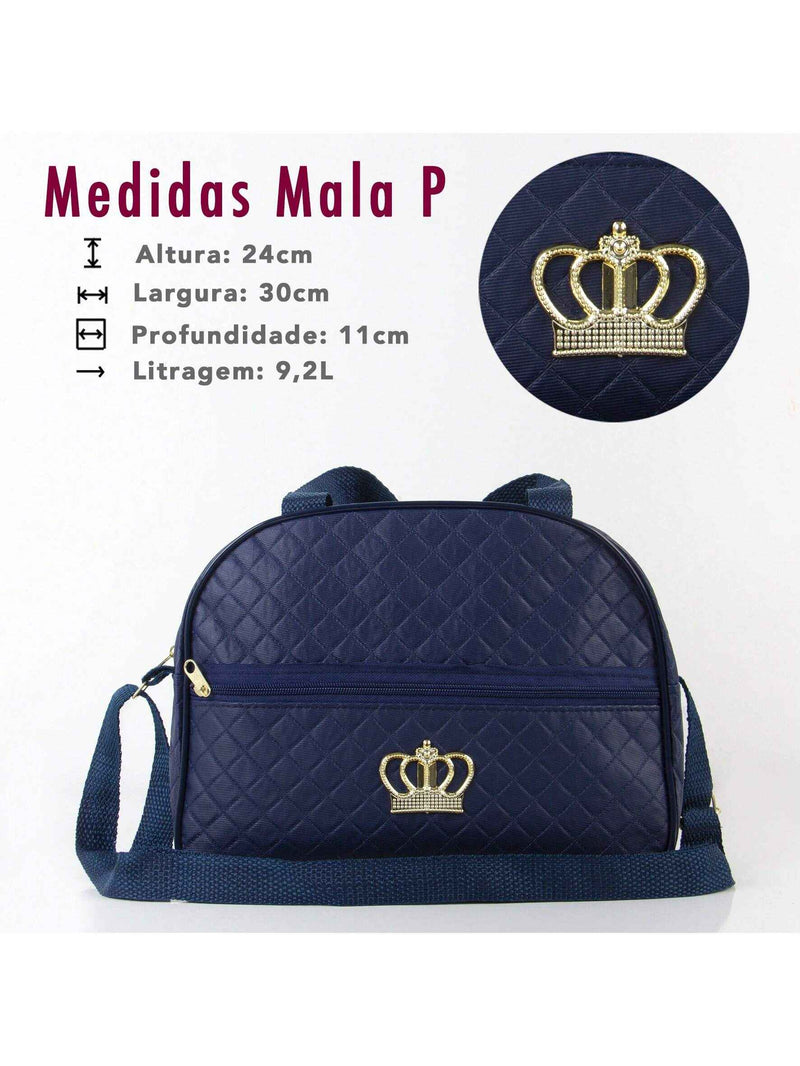 Kit Bolsa Saída Maternidade em azul marinho com detalhe de coroa e medidas específicas