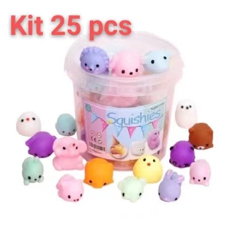 Kit com 25 Squishy Mochi Pop It - Bichinhos Macios Antiestresse para Apertar e Relaxar.