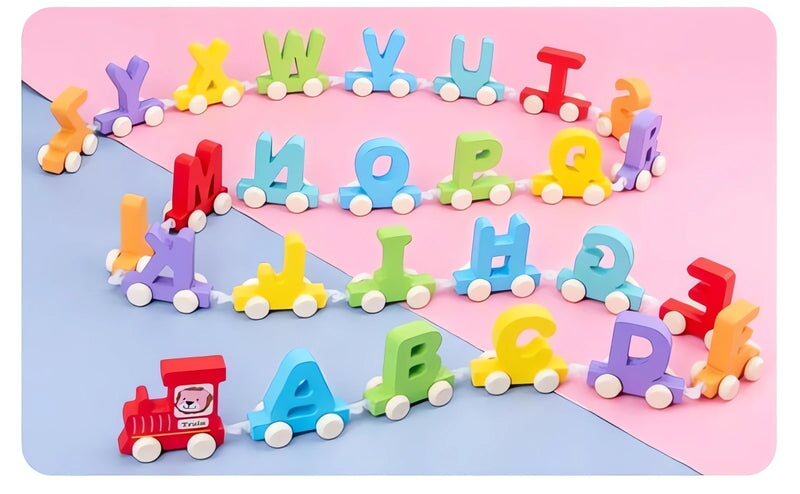 Kit com 27 Trens com Alfabeto coloridos de brinquedo para crianças com letras do alfabeto