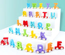 Kit com 27 Trens com Alfabeto coloridos de madeira com roda para aprendizado infantil