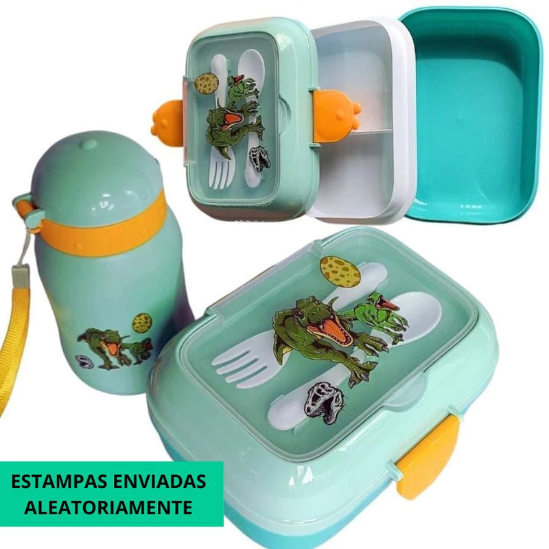 Kit Marmita Infantil Completo com Talheres, Garrafa de 400ml e Lancheira Escolar para Creche.
