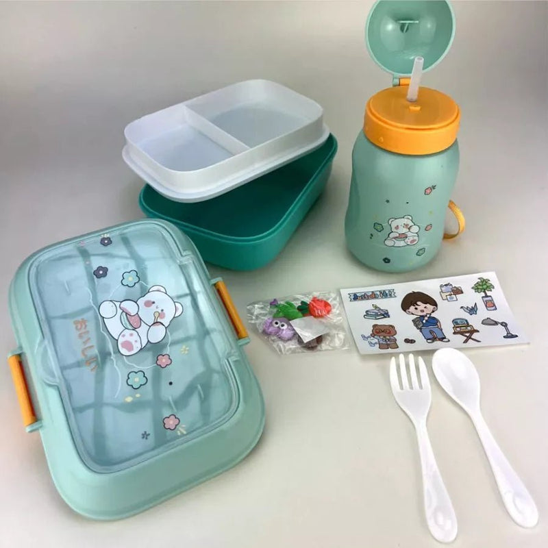 Kit Marmita Infantil Completo com Talheres, Garrafa de 400ml e Lancheira Escolar para Creche.