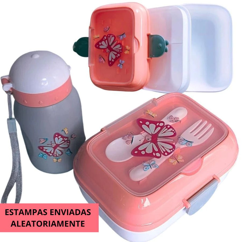 Kit Marmita Infantil Completo com Talheres, Garrafa de 400ml e Lancheira Escolar para Creche.