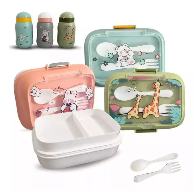 Kit Marmita Infantil Completo com Talheres, Garrafa de 400ml e Lancheira Escolar para Creche.