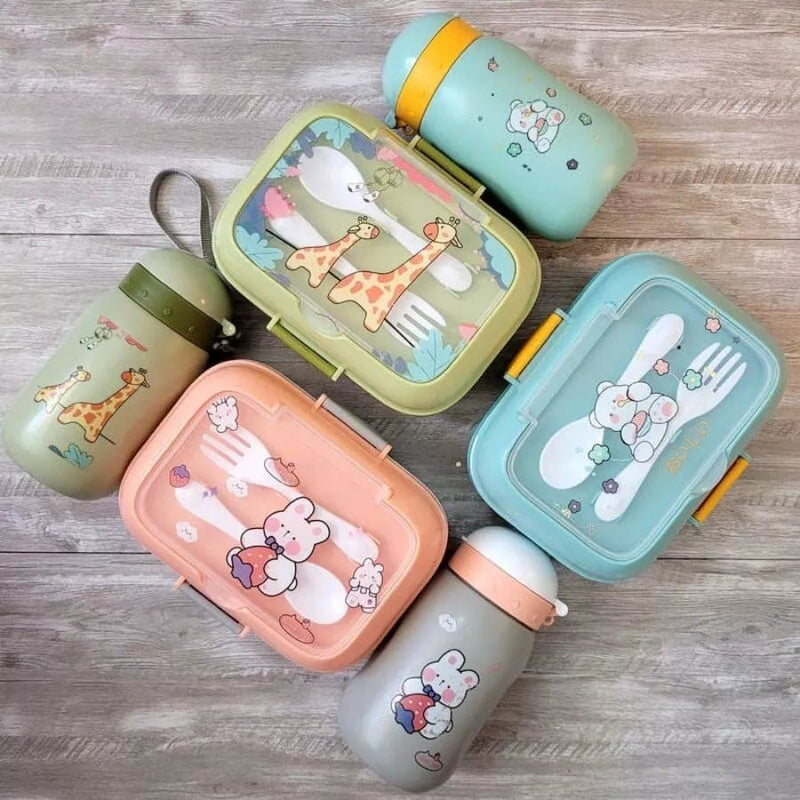 Kit Marmita Infantil Completo com Talheres, Garrafa de 400ml e Lancheira Escolar para Creche.