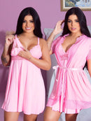 Conjunto de roupas de maternidade rosa, incluindo vestido e roupão, ideal para uso pós-parto no Kit Maternidade