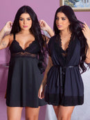 Conjunto de roupas femininas em preto, incluindo vestido e robe, parte do Kit Maternidade