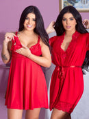 Conjunto de lingerie vermelho em cetim, incluindo vestido e robe, perfeito para o Kit Maternidade