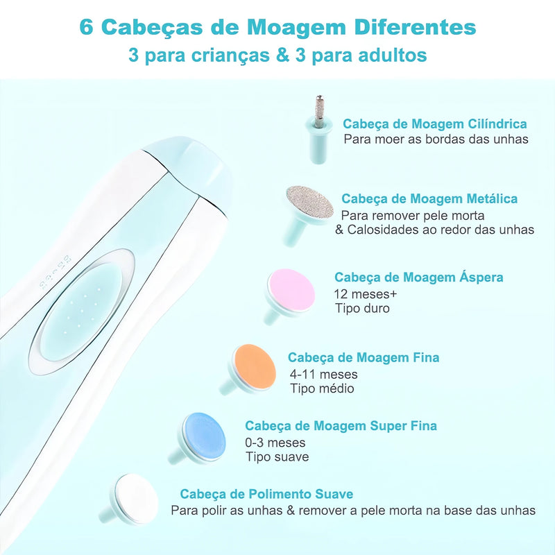 Lixa de Unhas Elétrica para Bebê com 6 cabeças de moagem para cuidados das unhas de crianças e adultos