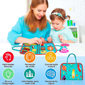 Maleta educativa montessori com atividades para desenvolver habilidades motoras e percepção de cores