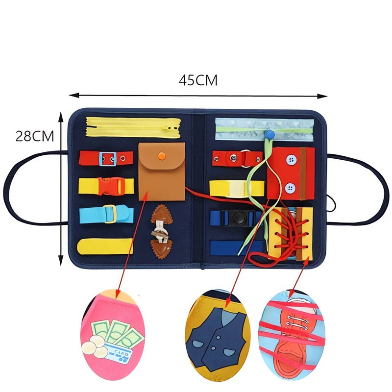 Maleta Infantil de Habilidade Meu Cheirinho Bom com diversas atividades para desenvolvimento motor com zíper, fivelas e cadarços