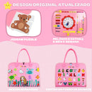 Maleta Sensorial Montessori com atividades como quebra-cabeça, relógio e cartas em forma de animais