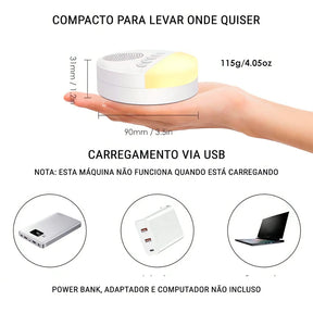 Máquina de Som Branco compacta para transporte, com carregamento via USB e design portátil