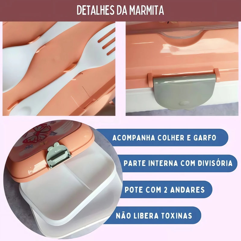 Marmita Kids Kit Completo com Talheres, Garrafa e Lancheira Escolar