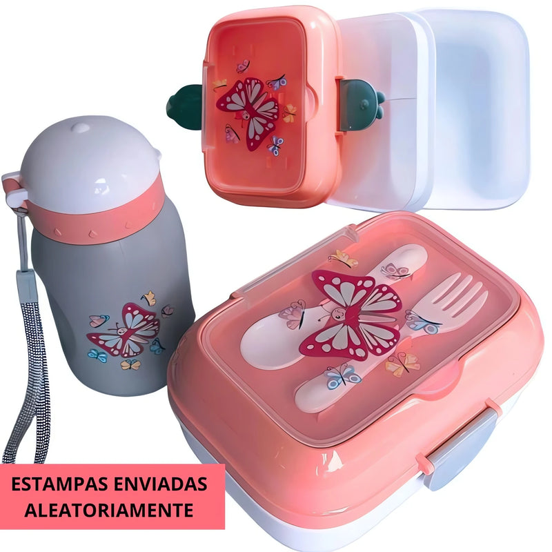 Marmita Kids Kit Completo com Talheres, Garrafa e Lancheira Escolar