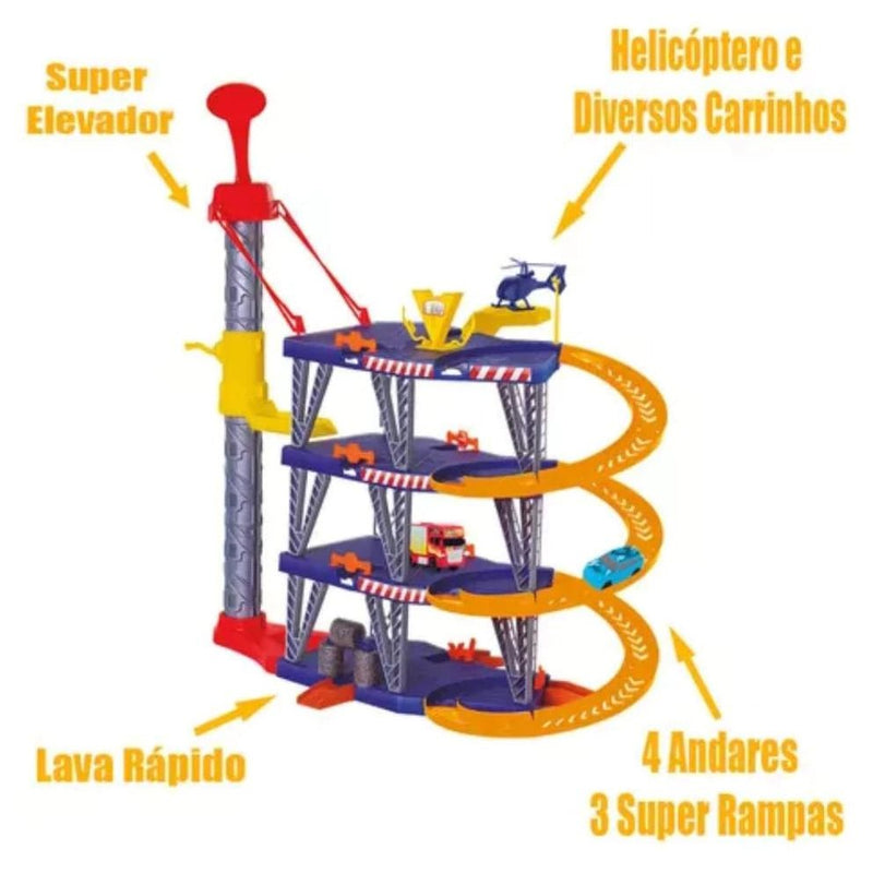 Mega Parking Elevador com Pista Radical, Carrinhos e Helicóptero - Posto Lava Rápido Incluso.