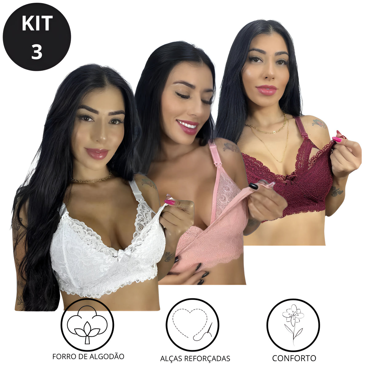 Kit MamaComfort com três sutiãs confortáveis em branco, rosa e vinho, com tecido de algodão
