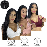 Kit MamaComfort com três sutiãs confortáveis em branco, rosa e vinho, com tecido de algodão