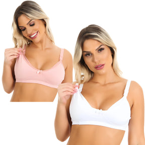 Kit 2 Sutiãs de Amamentação com Alça Reforçada em cores rosa e branca, com fechos práticos para facilitar a amamentação.