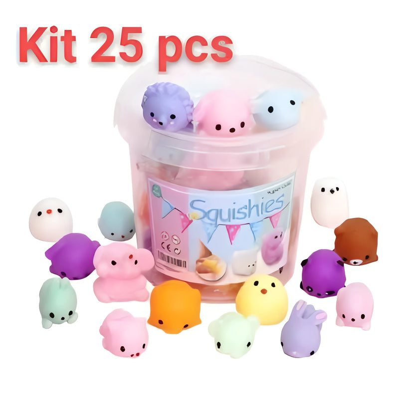 Kit 25 Squishy Bichinhos Macios Antiestresse - Mochi Pop It para Relaxar e Apertar