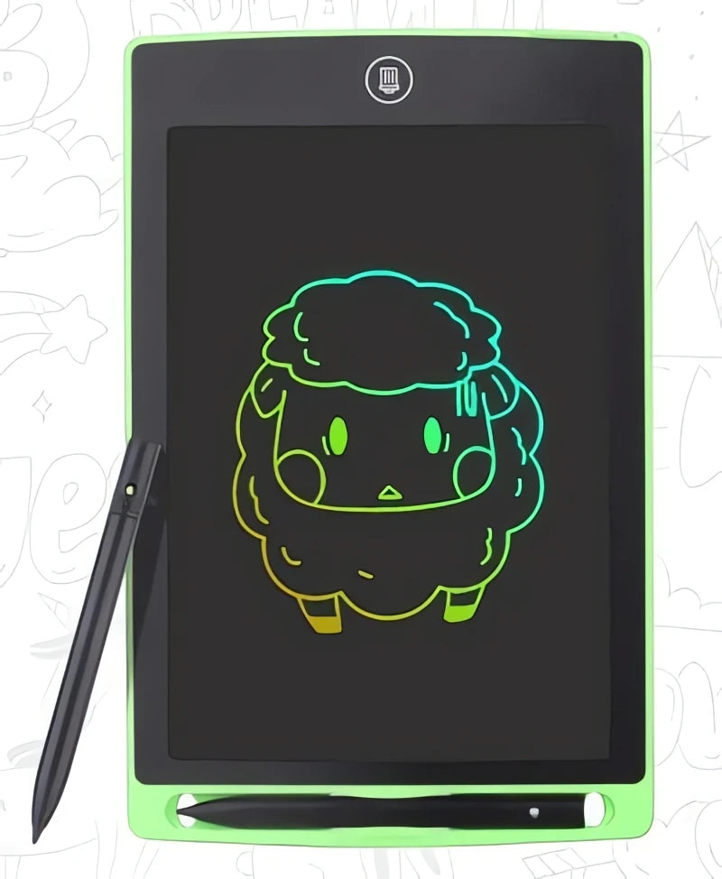 Tablet Lousa Mágica verde com caneta, desenho colorido de ovelha e espaço para escrita e desenho